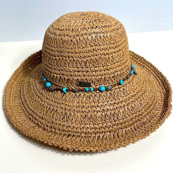 Sun ‘n’ Sand Tan Braided Straw floppy Hat With Turquoise Beaded Ribbon One Size - Picture 1 of 9